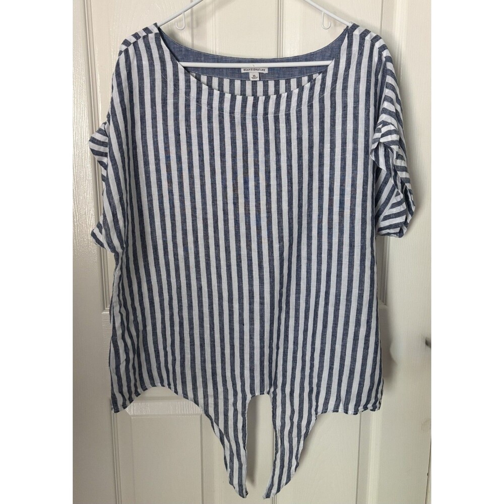LL Bean Signature Linen Shirt Womens XL Striped Tie Waist Camp Nautical Preppy